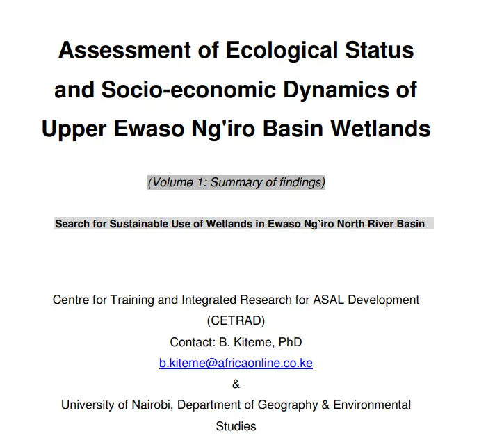 Assessment of Ecological Status and Socio-economic Dynamics of Upper Ewaso Ng’iro Basin Wetlands